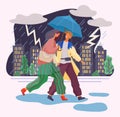 Couple under Umbrella, People Walk in Thunderstorm