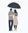 Couple under an umbrella. A romantic walk in the rain