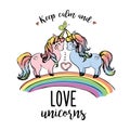 Couple of unicorns standing on rainbow with inscription