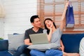 Wife`s happiness, online shopping online, delivered to home on time. Royalty Free Stock Photo