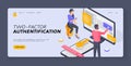 Couple using duo authentication on devices isometric vector illustration. Banner template