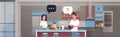 Couple using smart speaker man woman preparing food asking recipe voice recognition concept modern kitchen interior flat