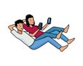 Couple using smartphones avatars characters