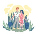 Couple vacation and joint holidays topic with traveling man and woman, vector.