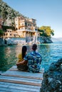 Couple on vacation ligurian coast Italy, Portofino famous village bay, Italy colorful village Ligurian coast