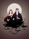 Couple of vampires on a cloud of bats holding red wine glasses