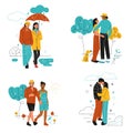 Couple various weather. Walking in different seasons, guy with girl in warm and light clothes outdoor. Spring and summer