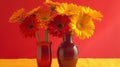 a couple of vases with flowers in them on a yellow table cloth with a red wall in the backround behind them and a red wall in the Royalty Free Stock Photo