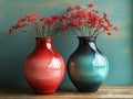 A couple of vases sitting on top of a wooden table Royalty Free Stock Photo