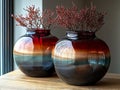 A couple of vases sitting on top of a wooden table Royalty Free Stock Photo