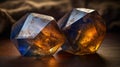 a couple of very big pretty crystal stones on a table