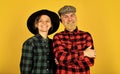 Couple vintage fashion. follow old fashioned tradition. retro couple of farmers. happy man and woman checkered shirt and