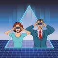 Couple with virtual reality headset