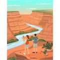 Couple visit grand canyon with river stream vector
