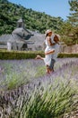 Couple visit the old town of Gordes Provence,Blooming purple lavender fields at Senanque monastery, Provence, southern Royalty Free Stock Photo