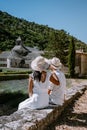 Couple visit the old town of Gordes Provence,Blooming purple lavender fields at Senanque monastery, Provence, southern Royalty Free Stock Photo