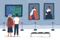 Couple visiting art gallery, museum flat vector illustration. People viewing showpieces at exhibition. Tourists looking