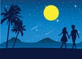 couple walk on beach at night,romantic scene sea nearby palm tree and full moon star