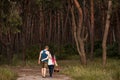 Couple walk forest picnic love concept.