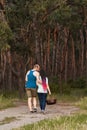 Couple walk forest picnic love concept.