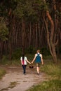 Couple walk forest picnic love concept.