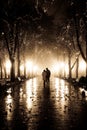 Couple walking at alley in night lights. Royalty Free Stock Photo