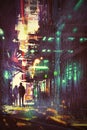 Couple walking in alley at rainy night Royalty Free Stock Photo