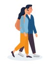 Couple walking around the city. Woman with backpack and man going together. Flat cartoon vector illustration