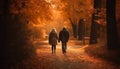 A couple walking in the autumn forest, embracing and holding hands generated by AI Royalty Free Stock Photo