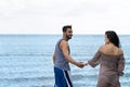 Couple Walking Beach Summer Vacation, People Beautiful Young Happy Man And Woman Smile Royalty Free Stock Photo