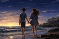 couple walking on the beach at sunset,3d render illustration, Craft an intimate anime image of the young boy and girls on the Royalty Free Stock Photo