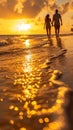 A couple walking on the beach at sunset holding hands, AI Royalty Free Stock Photo