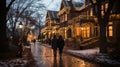 Couple Walking by Beautifully Decorated Christmas Themed Houses on A Winter Evening