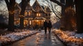 Couple Walking Among Beautifully Decorated Christmas Themed Houses on A Winter Evening