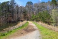 A couple walking on a dirt footpath in the woods surrounded by lush green trees at Sope Creek Paper Mill Ruins trail Royalty Free Stock Photo