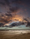 Couple walking dog on beach at sunset Royalty Free Stock Photo