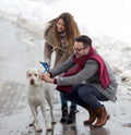 Couple walking dog in park on snow Royalty Free Stock Photo