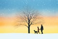 couple walking dog by silhouetted trees on snow