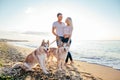 Couple walking with dogs on beach Royalty Free Stock Photo