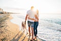 Couple walking with dogs on beach Royalty Free Stock Photo