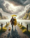 Couple Walking Dogs Strolling Raining River Pathway Spring Umbrella AI Generated