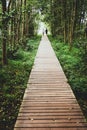 A couple walking a wooden path in the forest Royalty Free Stock Photo