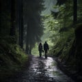 Couple walking down a nature path in a lush forest environment, AI-generated. Royalty Free Stock Photo