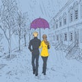 Couple walking down the street in the rain