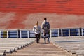 Couple walking downstairs on stadium Royalty Free Stock Photo