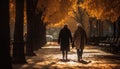 A couple walking, embracing, smiling, holding hands, enjoying autumn nature generated by AI Royalty Free Stock Photo