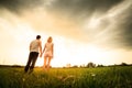 Couple walking through the field and holding hands Royalty Free Stock Photo