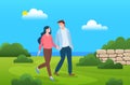Couple walking in forest or park. Lovers man and woman on date, romantic walk, promenade outdoor