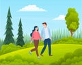 Couple walking in a forest. Young guy and girl holding hands walking in summer garden, romantic walk