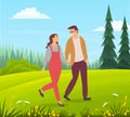 Couple walking in a forest. Young guy and girl holding hands walking in summer garden, romantic walk